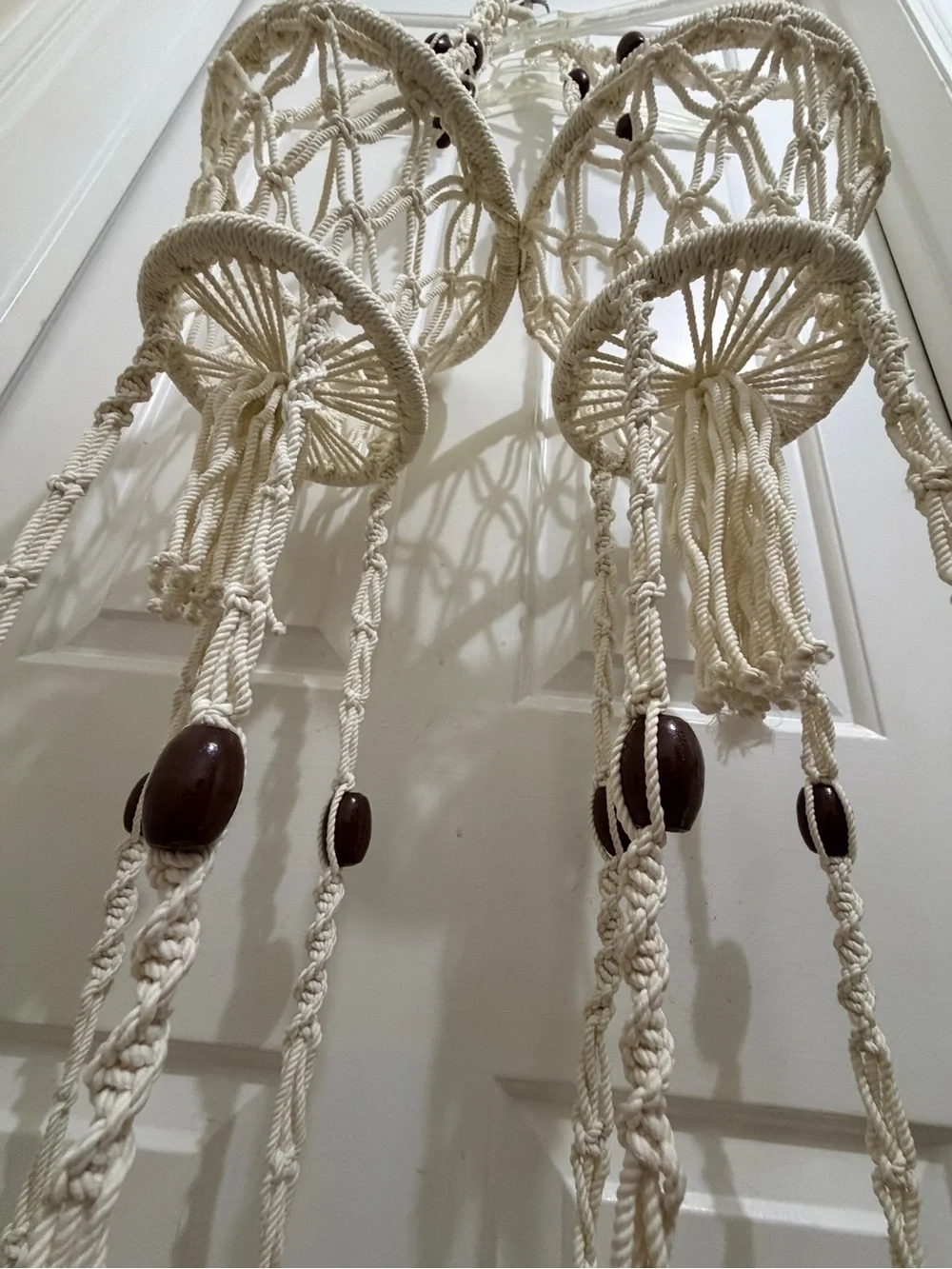 2 Vtg Macramé Hanging Planters 2 tier Pot Holders Cream Rope/Wood Beads, Tassels